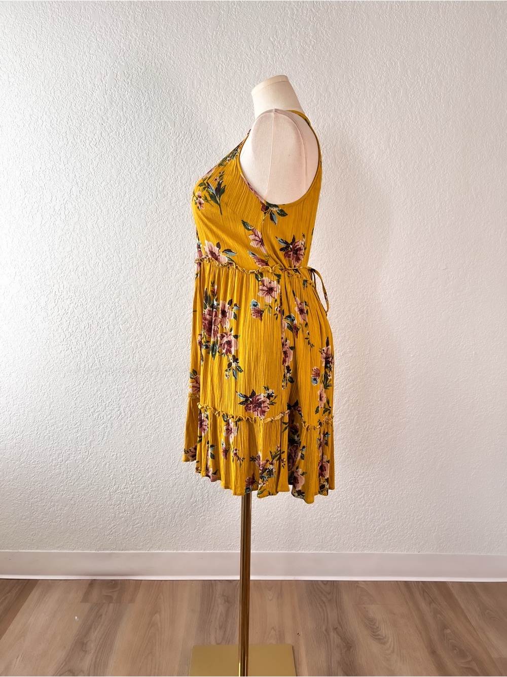 Xhilaration Mustard Yellow Floral Halter Mini Dress - Picture 2 of 3